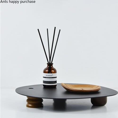 Iron Art Storage Tray Wood Magnet Tall Feet Decorative Plate Irregular Black White Display Stand Trays Decorative Organize Disk