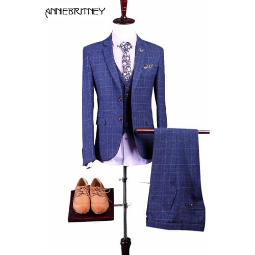 2018 Formal Business Blue Tweed Pattern Men Suit Slim Fit 3 Piece Groom Tuxedo Blazer Wedding Suits Ternos jacket+Pant+Vest