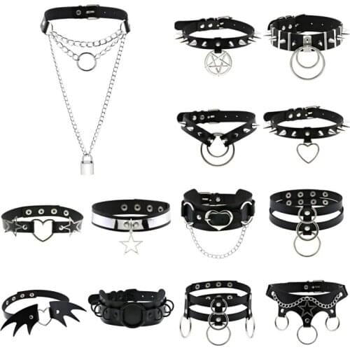 2021 Sexy Goth Choker Necklace Men Punk Rock Geometry Metal PU Necklace For Women Choker Gothic Accessories Goth Jewelry Chocker