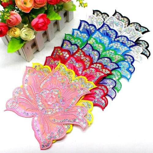 Sequined Flower Appliqued Iron On Floral Patches Sequin Embroidered Petals Pink Blue 13CM*17CM
