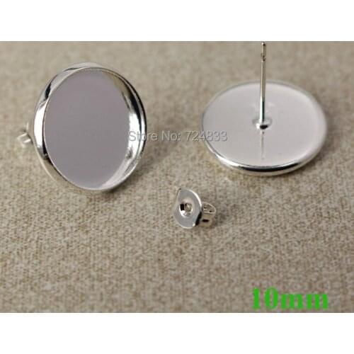 10mm Silver Plated Brass Blank Bases Round Bezel Pin Stud Earrings Post w/ Stopper Earring Crafts Settings Findings Wholesale
