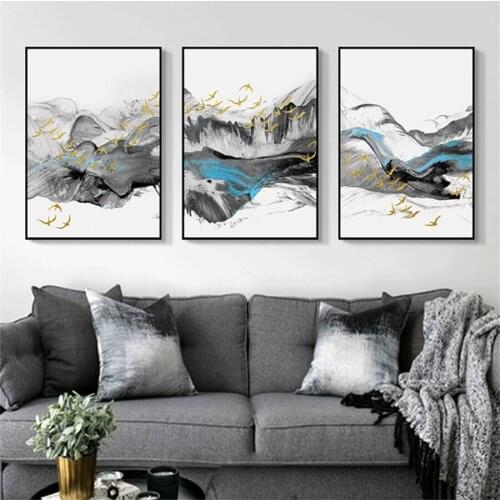 Canvas Poster Golden Bird Painting Abstract Blue Ink Landscape Decoration Blue Print Gold Wall Art Picture White and Black Art