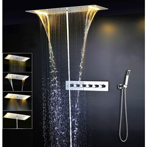 Bathroom Ceiling LED Shower Set Embedded Mounted Rainfall Waterfall Massage Big Shower Head Panel Thermostatic Shower Faucets