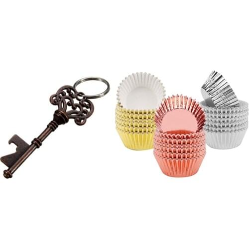 Antique Key Shaped Wine Beer Bottle Opener with 300Pcs Foil Cupcake Liners Muffin Paper Cases Baking Cups