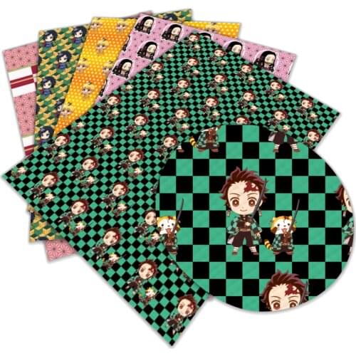30 cm x136 cm Japanese Kimetsu No Yaiba kamado tanjiro style printed faux artificial Synthetic leather fabric hair bow 1piece