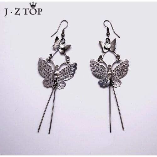 JZTOP Punk Metal Hellow Butterfly Tassel Earrings for Women Crystal Bow Dangle Long Earring Statement Jewelry D'oreilles Gift
