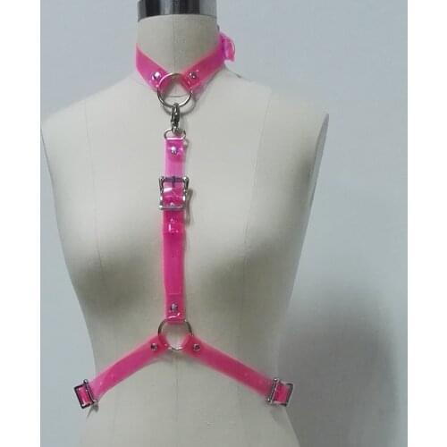 100% Handcrafted Women Girl Halter Choker Top Punk Harness Bondage Neon Pink PVC Bra Punk Gothic Cosplay Suspender Belt Straps