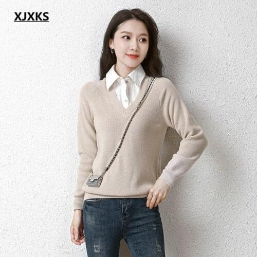 XJXKS 2021 autumn new fashion lapel women sweater high-end comfortable stitching knitted sweater women pullover