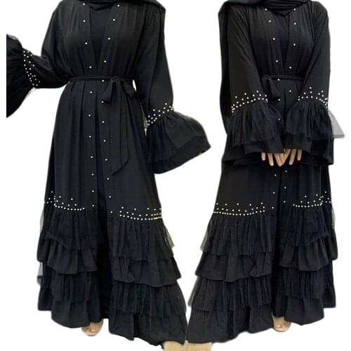 Dubai Kaftan Muslim Women Abaya Beading Mesh Lace Patchwork Elegant Party Open Kimono Ramadan Islamic Long Dress Flare Sleeve