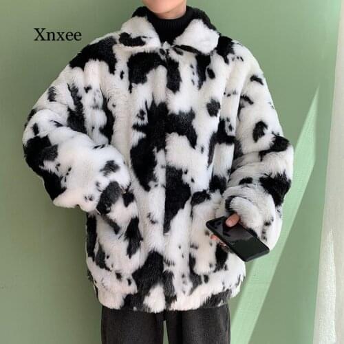 Winter Men Faux Fur Black White Spots Coat Jacket Male Casual Loose Warm Coats Male Streetwear Thicken Couple Oversize Outwear
