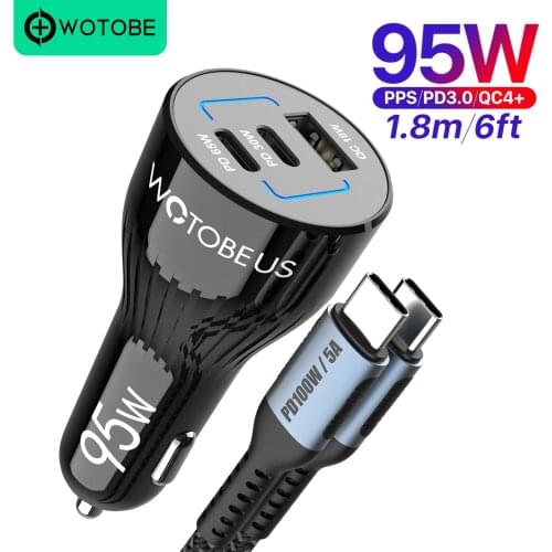 WOTOBEUS 95W USB C Car Charger Quick Charge,3-port PPS/PD QC4.0 22.5W for xiaomi HUAWEI laptop iphone 12 por ,S21 S20/Note 10/20