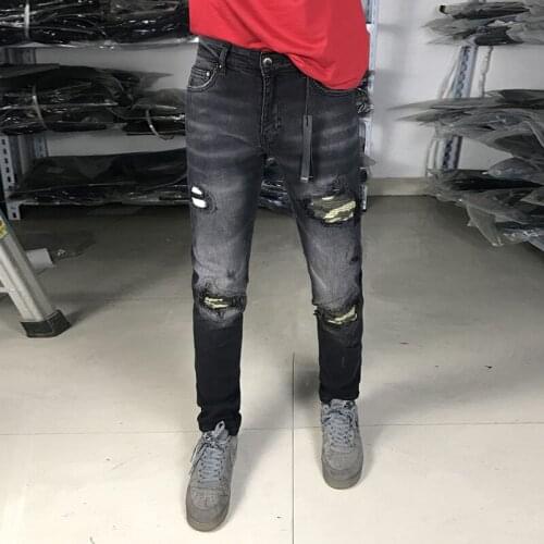 Streetwear Denim Punk Pants Fashion Designer Men Jeans Retro Black Gray Slim Fit Camouflage Patches Hip Hop Ripped Jeans For Men