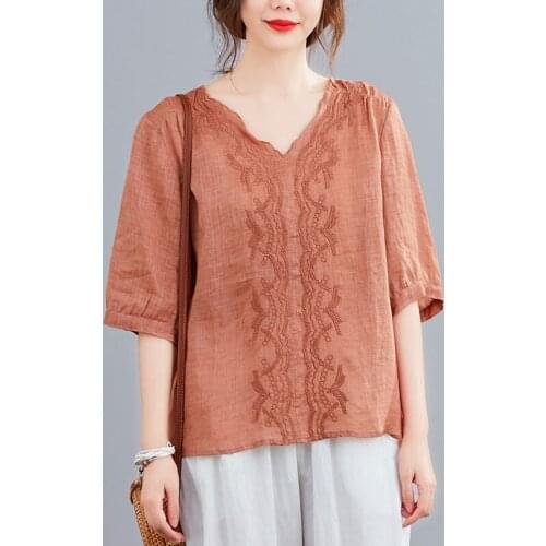 Oversized Women Cotton Linen Casual T-shirts New 2021 Summer Simple Style V-neck Vintage Embroidery Loose Female Tops Tees S3326