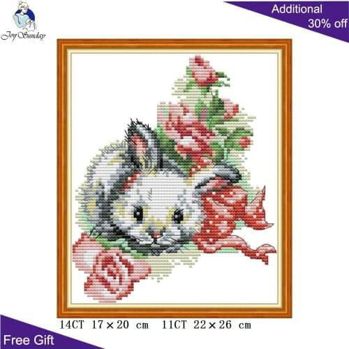 Joy Sunday The Little Rabbit In Flowers Cross Stitch DA322 14CT 11CT Counted and Stamped Home Decor Rabbit Cross Stitch kits