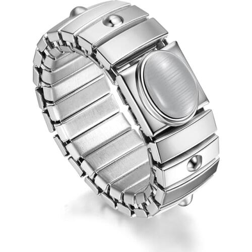 Hapiship Women Jewelry 9mm Width Stainless Steel White Opals Elastic Ring Size 7.5 For Best Friend Wife Birthday Gift RS6