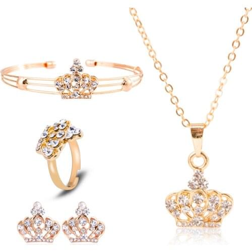 MIQIAO Gold Plated Luxury Crown Zircon Collar Neclace Rings Earrings Bracelet Jewelry Sets for Women Wedding Engagement Gift Got