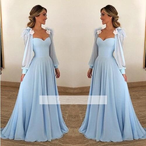 Sky Blue Muslim Evening Dresses A-line Sweetheart Long Sleeves Chiffon Islamic Dubai Saudi Arabic Long Evening Gown Prom