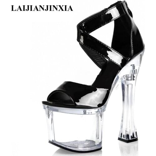 LAIJIANJINXIA New Patent leather 18 Cm Super High Heeled Shoes Big Size Thick platform 7 inches Zipper Open Toe Women Sandals