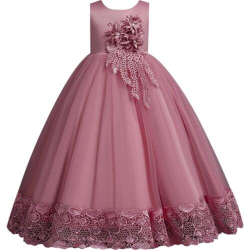 New flower embroidery lace dress Flower girl birthday party long dress girl Christmas day wedding party long dress 4-12 years