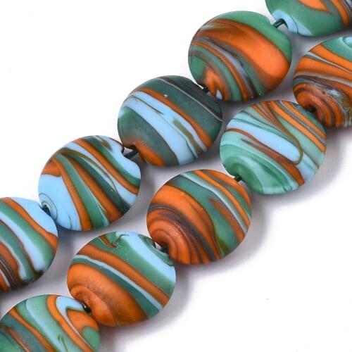 About 35pcs/Strand Handmade Frosted Lampwork Stripe Beads Strands Flat Round Colorful Bead 15~16mm,hole: 1.2mm
