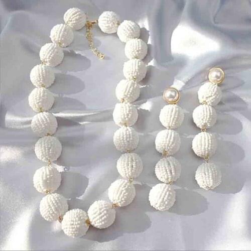 White Seed Beaded Big Necklace & Earring Pack 20MM Big Ball Handmade Statement Jewelry Set 2020 Spring Summer Trendy Accessories