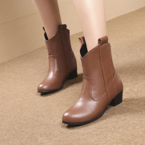 PXELENA Retro Western Cowboy Ankle Boots Women 2018 Round Toe Square Med Heels Slip on Boots Ladies Shoes Plus Size 34-43