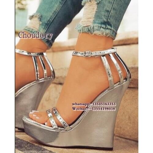 Sexy Open toe Gold silver Color Leather Wedges Gladiator Sandals Women High Heels Platform Sandals Summer Womens Shoes Woman