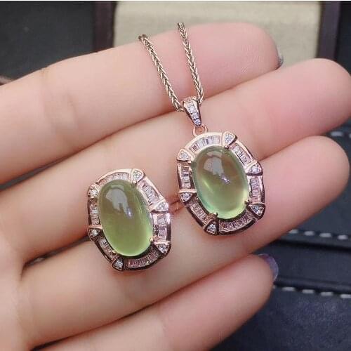 Anniversary Best Gift Prehnite jewelry set Natural Real Prehnite 925 sterling silver 1 Prehnite pendant, 1 Prehnite ring