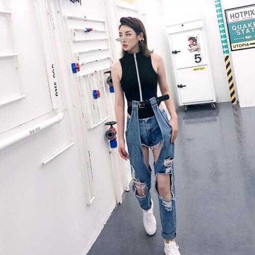 Spring Summer Big Hole Ripped Belt Jeans Woman Open Knee Casual Harem Trousers Student Fashion Hip Hop Streetwear Denim Pants