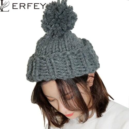 LERFEY Women Knitted Hats Handmade Coarse Winter Hat Warm Skullies Beanies Female Pom pom Knit Cap Gilrs Ball Ski Caps