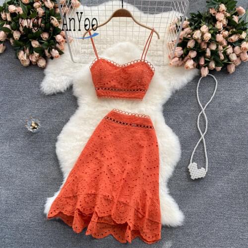 Summer Boho Two Piece Set Women Skirt Suits 2021 Sexy Spaghetti Straps Crop Tops And High Waist Skirt Sets 2 piece Womens Outfit