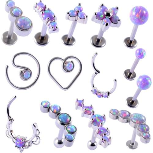 1Piece Purple Opal Stone Ear Tragus Cartilage Stud Industrial Conch Daith Ring Nose Lip Nipple Tongue Barbell Piercing Jewelry