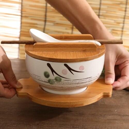1000Ml Ceramic Spoon Bowl Mat with Cover Instant Noodle Bowl Korean Rice Bowl Cutlery Set White