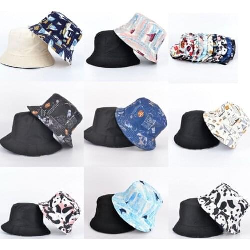 2021 Summer Fisherman Hat Reversible Cartoon Bucket Hats For Women Men Street Hip Hop Bucket Cap Vintage Printed Fishing Hat