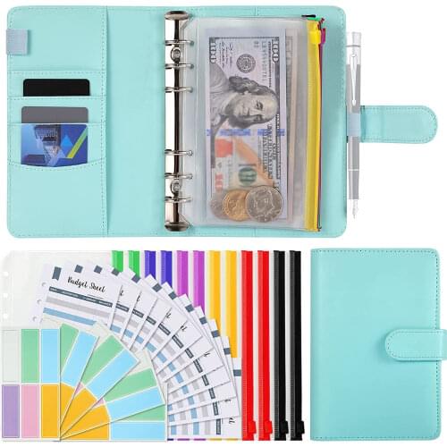 A6 PU Leather Budget Binder Cash Envelopes System Planner with 12 Clear Zipper Pockets,12 Expense Budget Sheets,Colorful Labels