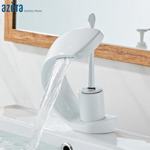 Azeta Modern Creative Basin Faucet White Brass Waterfall Basin Mixer Bathroom Single Handle Deck Mounted Basin Tap AT7906W