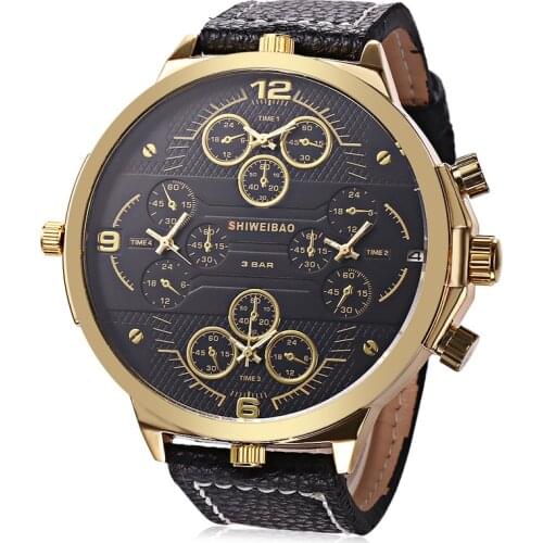 Shiweibao Cool Watch Men Sport Watch Men Golden Big Case Four Time Zones Military Watches Date Leather Strap Mens Quartz Watches