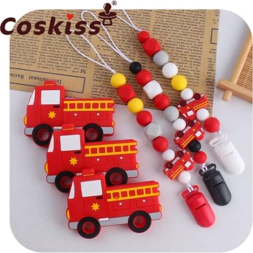 Coskiss Baby Pacifier Chain Cartoon Fire Truck Teether Set Nipple Dummy Clip Holder Infant Silicone Teething Soother Molar