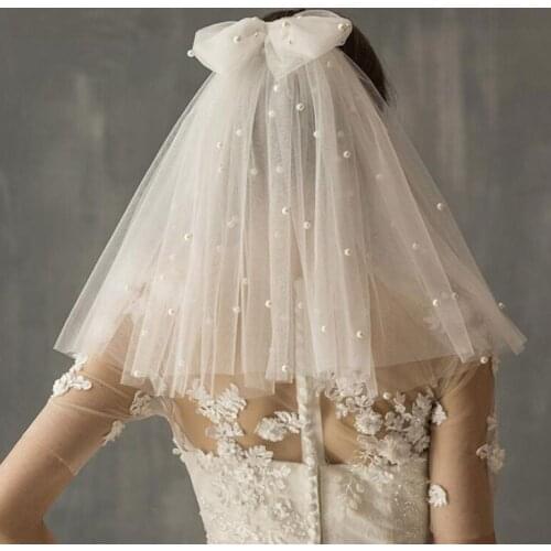 Kid Halloween Queen Cos Accessory Light Luxury Big Bowknot Wedding Veil Head Dress Princess Curling Pearl Headdress Two Layer 45