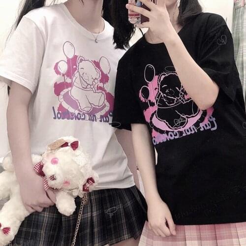 Harajuku cartoon gothic Bear print short sleeve T-shirt women tops Summer streetwear sweet girl tee shirt Футболка christmas top