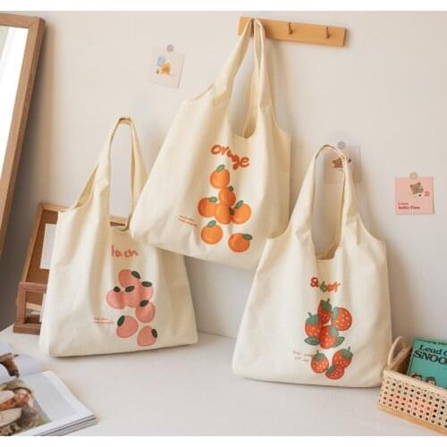 Korean INS Shoulder Canvas Bag Women Cute Fruit Print Vest Bag Large Reusable Shopping Bags Cotton Book Tote Bag Ladies Handbag