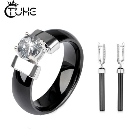 6mm Big Crystal Ceramic Rings With Long Ceramic Drop Earrings For Women Fashion Jewelry Set Healthy Smooth Material Black White