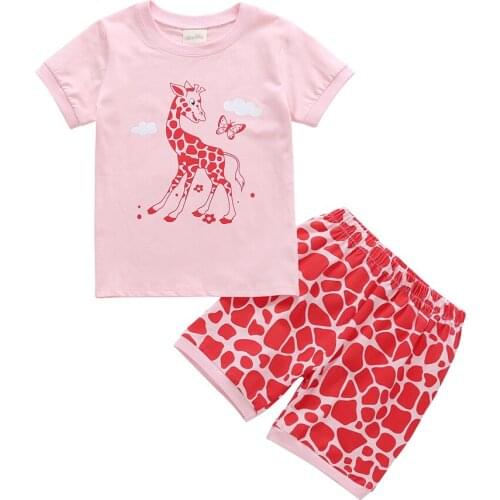 2Pcs Kids Children Girls Outfit Short Sleeve Cartoon Giraffe Pattern T-shirt Print Shorts Infant Toddler Summer Cute Set 24M-7T