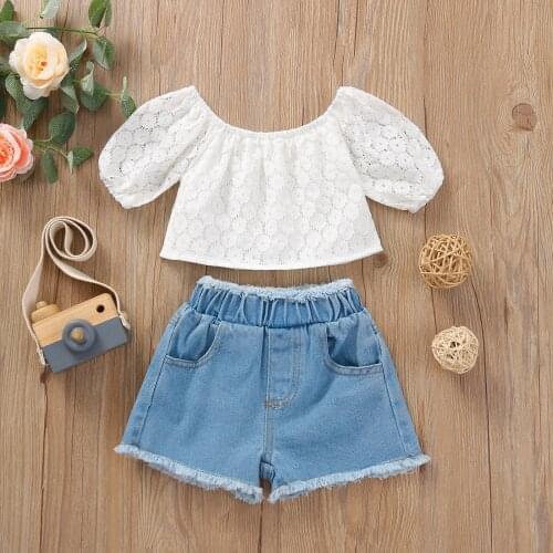 1-4Years Summer Kids Girls Clothes Sets Lace Floral Off Shoulder Puff Short Sleeve T Shirts + Denim Shorts 2pcs