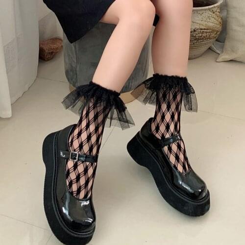 Fashion Lace Socks Women Transparent Plaid Long Socks JK Lolita Black Socks Girls Elastic Dress Calcetine Hosiery