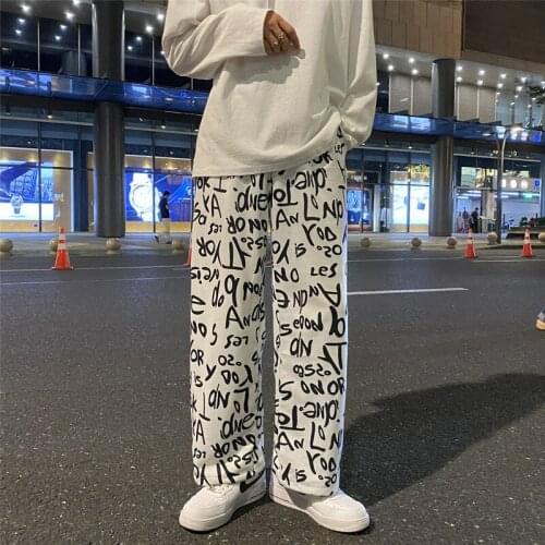 Autumn New Hip Hop Men Printed Loose Casual Pants Trendy Straight Legging Harem Trousers Male 2 Colors M-4XL K0014