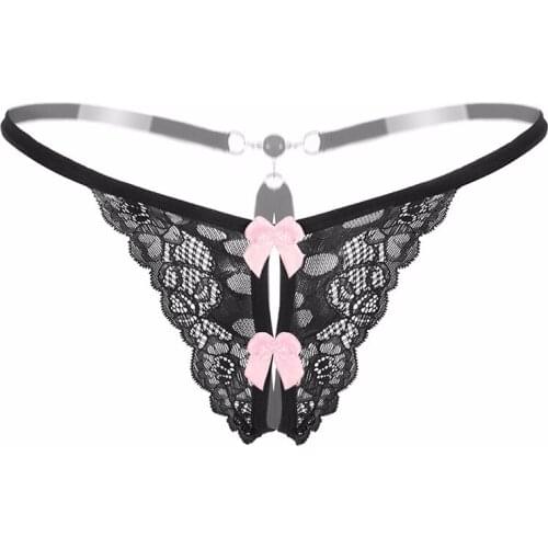 Sexy Panties With Pearls Women Sexy t-back Tanga Sexy Underwear Lace Bow Briefs Erotic Transparent Lace Open crotch Lingerie