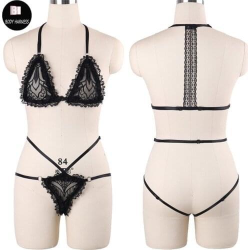 Sexy Black Lace Top Cage Bra Fetish Bustier Women Panties Erotic Body Harness Rave Pole Dance Sexy Cosplay Bondage Set