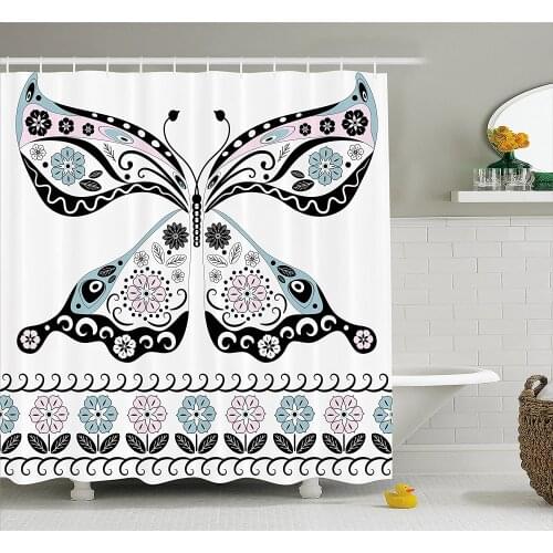 Modern Shower Curtain Butterfly Shapes with Black Borders and Eastern Style Details Floral Artful Print Home Decor Bath Curtains