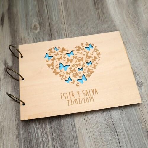 Rustic engraved Heart wedding guestbook,Custom Mr & Mrs wooden Wedding guest book, personalized butterfly photo album
